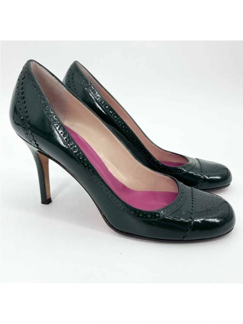 Kate Spade Rich Green Patent Leather Brogue Round Toe High Heels Size 7